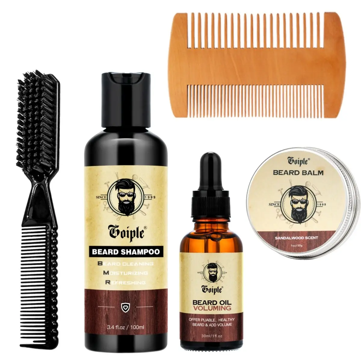 5-In-1 Beard Care Kit, Sandalwood Balm, Moisturizing, Softening, Brightening, Portable, Travel-Friendly, Ideal Gift for Men