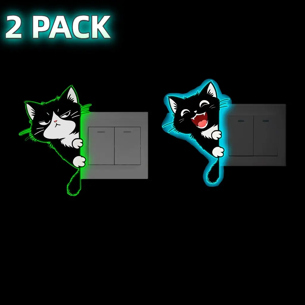 2 Pack Glow-In-The-Dark Cat Switch Wall Sticker, Luminous Waterproof Kitty Pattern Decals, Fun Decor for Bedroom & Living Room