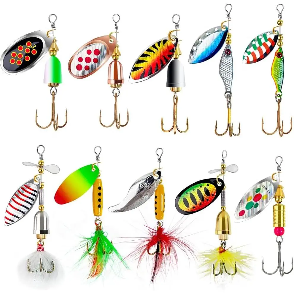 Fishing Spinner Baits for Freshwater and Saltwater, 10 count Rooster Tail Fishing Lures & Spinning Spoons, Hard Metal Baits for Bass Trout Salmon with 2 Tackle Boxes