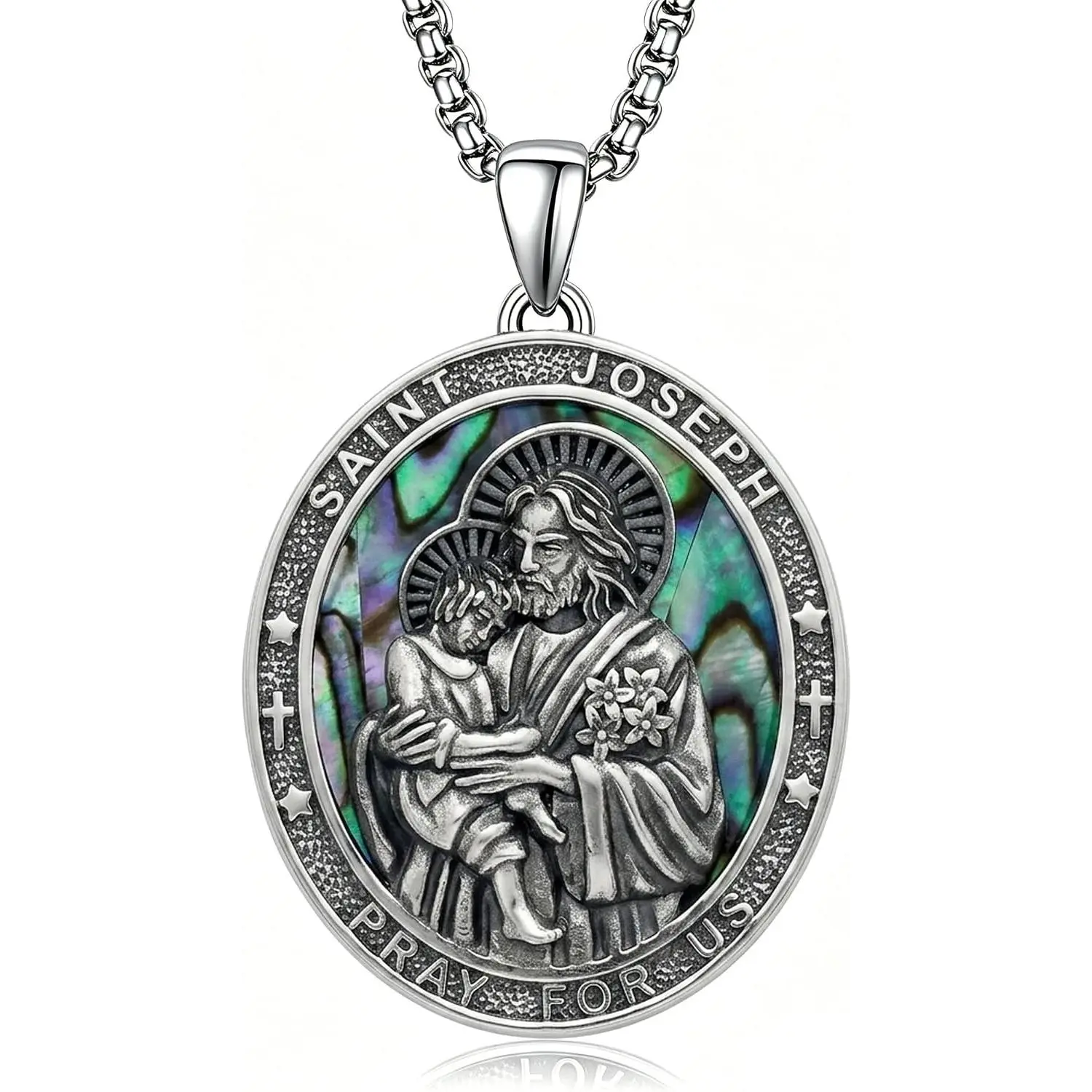 925 Sterling Silver Saint Joseph Abalone Shell Pendant Necklace, Christian Faith Religious Gift, Unisex Wear Catholic Jewelry with Pendant