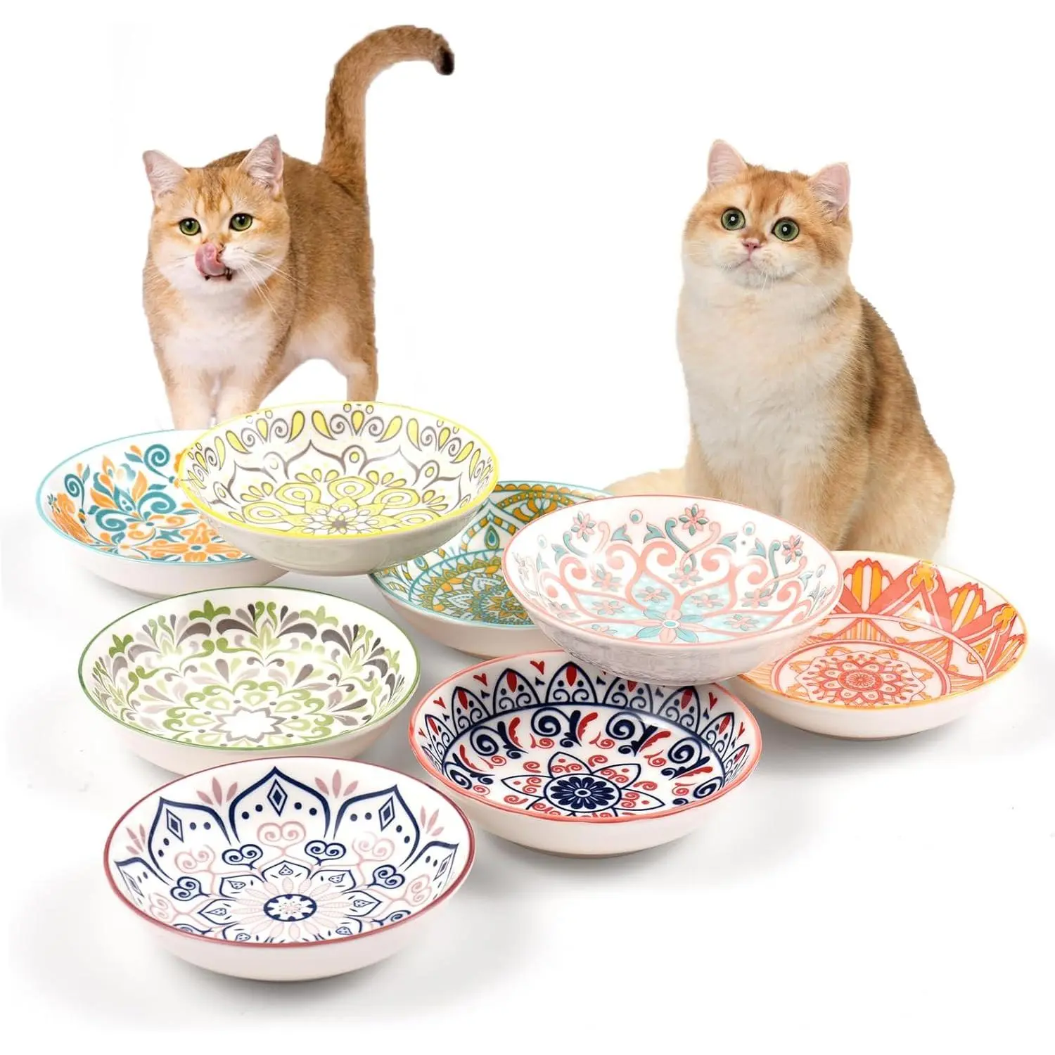 Cat Food Bowls for Indoor Cats Ceramic Cat Bowls Whisker Friendly Cat Dishes for Food and Water 5.5 Inches Kitten Bowls Cute Cat Feeding Bowls Set 8 Cat Wet Food Bowl Set Shallow Cat Plate
