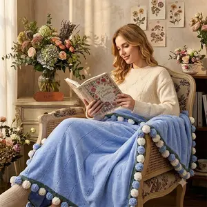 1pc Flower Pom Pom Throw Blanket | Soft Knitted Sofa & Bed Blanket, Lightweight All-Season Home Decor Throw