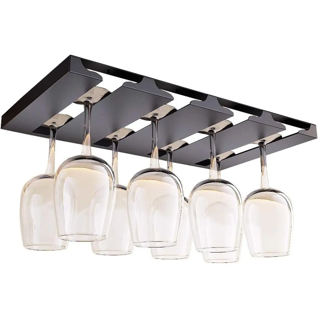 4-Row Matte Black Stainless Steel Hanging Wine Glass Holder Under Shelf Cabinet, Stemware Rack Glassware Drying Organizer for Home Bar Restaurant