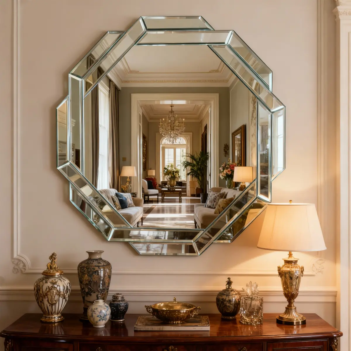 Geometric Design Decorative Wall Mirror - 29.92 in Frameless, Beveled Edge, Smooth Safety Glass, Modern Elegant Entryway Piece, Wall Hanging for Home Reflections, Room Decor (Living Room, Bathroom), Entryway Mirror, Mirror Glass