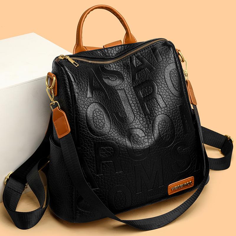 Embossed large-letter backpack, 2026 popular color-blocking multi-functional travel backpack, textured soft leather school bag for female students