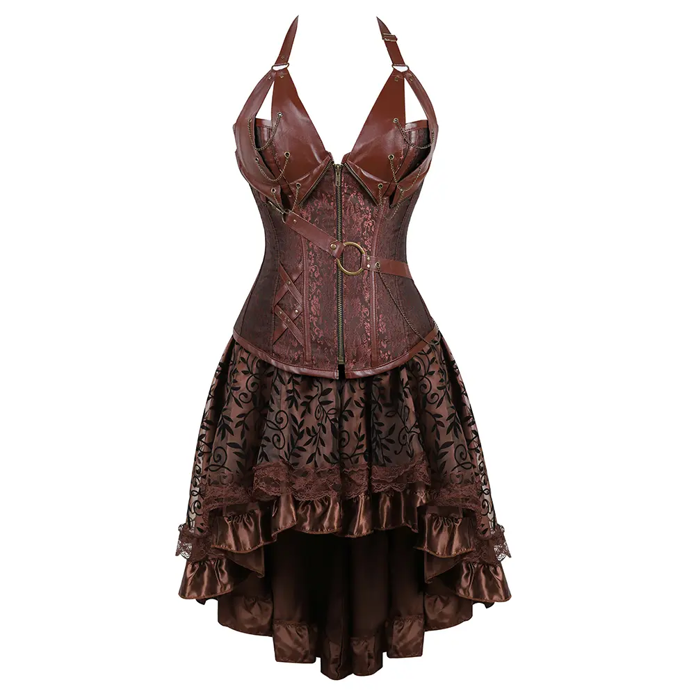 Women's Plus Size 2-Piece Halter Neck Cropped Pirate Corset Dress Set - Floral Lace Vintage Design, Witch Halloween Goth Cosplay Costume with Short Tutu Skirt, Casual Wear Steampunk Renaissance Victorian Shapewear (Brown), Print, Corset Top