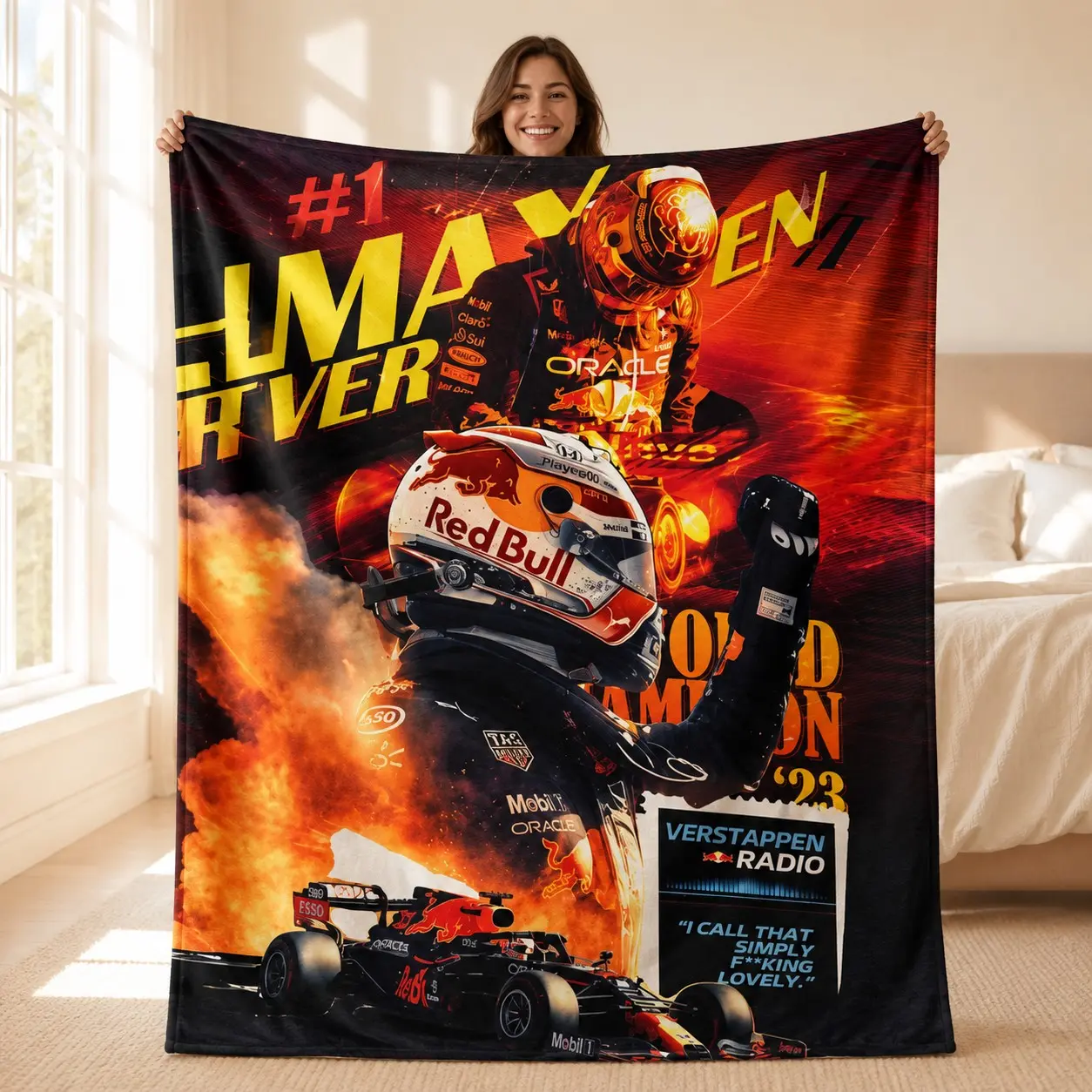 Red Black Flame F1 Racing Verstappen Champion Themed Fleece Throw Blanket, full print Red Bull race car, driver helmet, champion fist-raised portrait, flame effects, ORACLE & Mobil brand logos, racing funny radio quotes, MAX VERSTAPPEN artistic lettering
