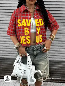 Wear Whatever Women’s Plaid Oversized Button Shirt, Faith Graphic “Saved By Jesus” Summer Streetwear Top