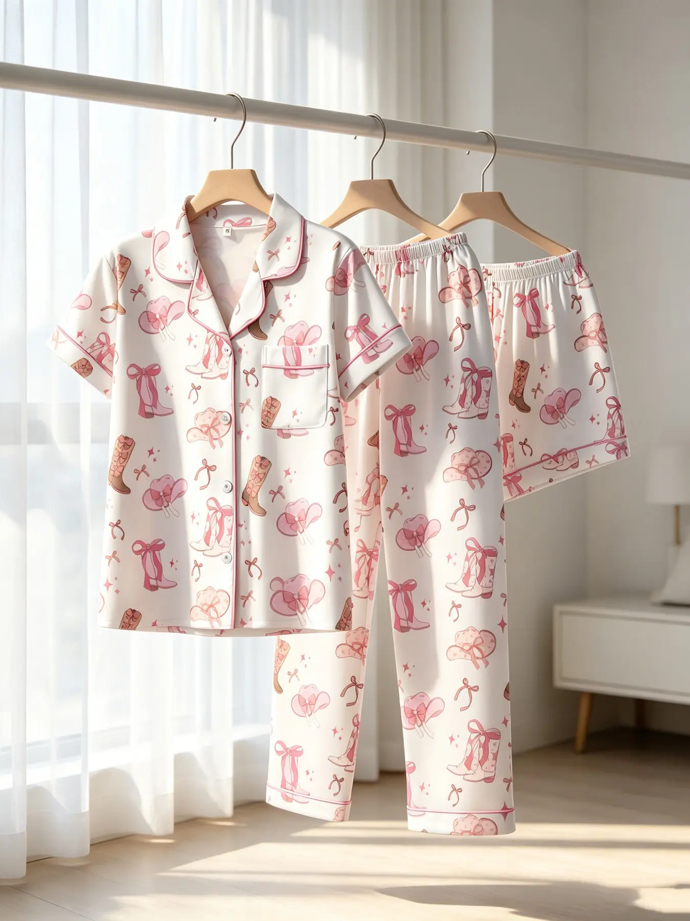 Women's 3-Piece Button-Down Pajama Set, Cute Western Cowgirl Print on White, All Season Wear, Loose Comfortable, Versatile Loungewear Nightwear Set for Relaxing & Working, Pajama Outfit