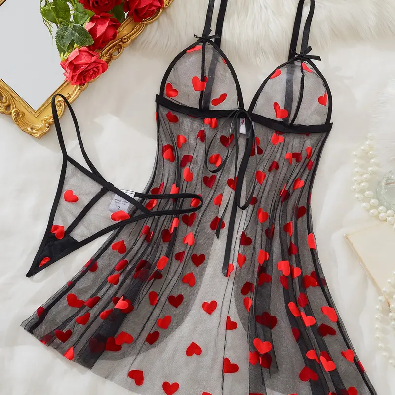 Women's Fashion Bra Set, Semi-Transparent Floral Mesh Sleepwear Set, Front Tie Large Bow Decoration, Elegant Dress 2-Piece Set