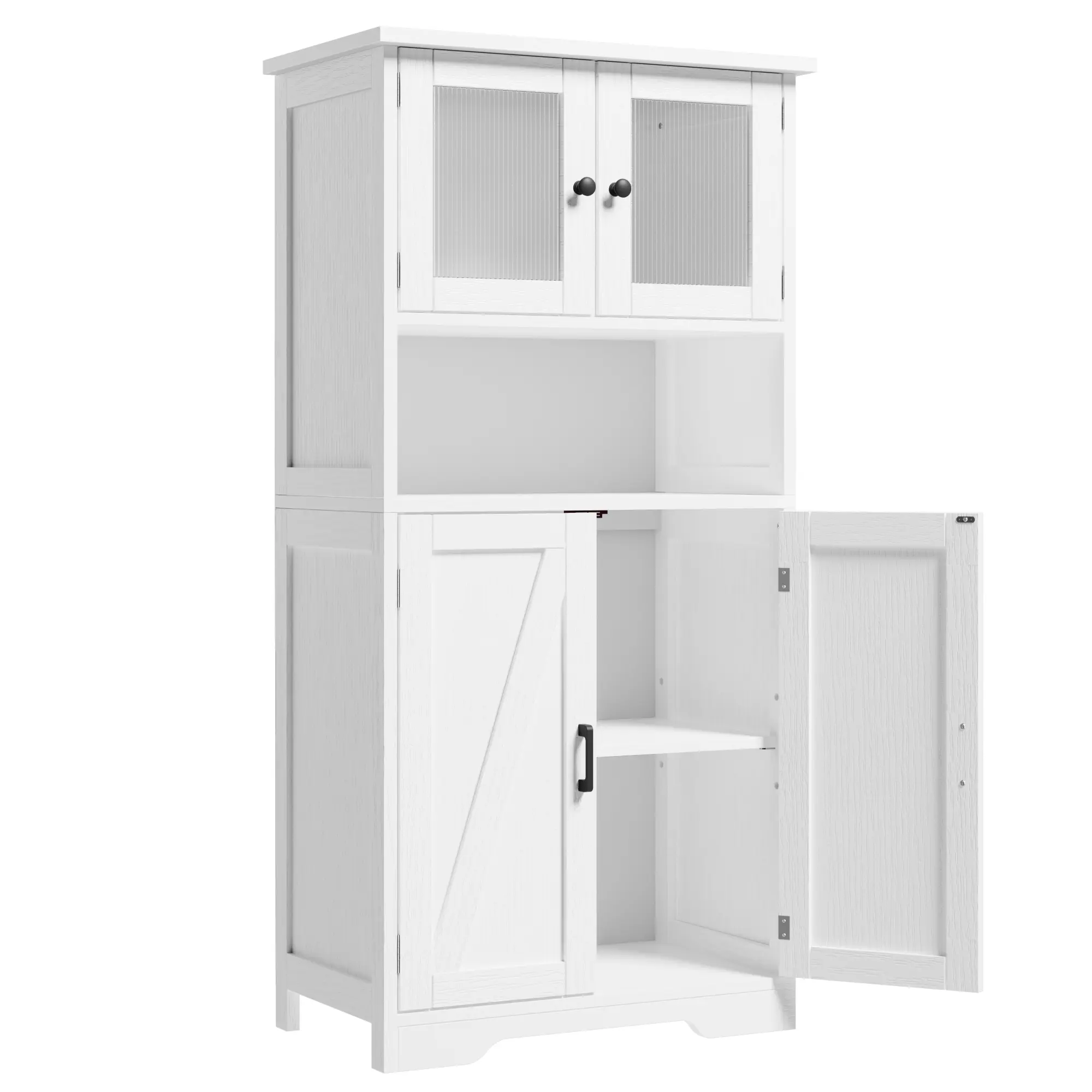 Modern Rustic Tall Entryway Pantry Cabinet with Glass Doors - Adjustable Shelves - Freestanding Wooden Storage Cupboard for Kitchen, Bathroom, Living Room - Multi-Purpose Linen Organizer - Vintage White, 60x30x128cm