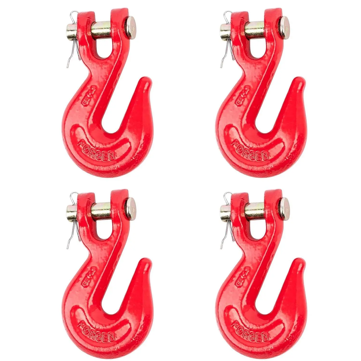 3/8" Chain Hooks, Red Powder Coated Grade 80 Clevis Grab Hook - Heavy-Duty Forged Alloy Steel for G80 Tow Chain and Binders, 7,100 lbs WLL for Trailer Truck Safety Transport (Pack of 4)