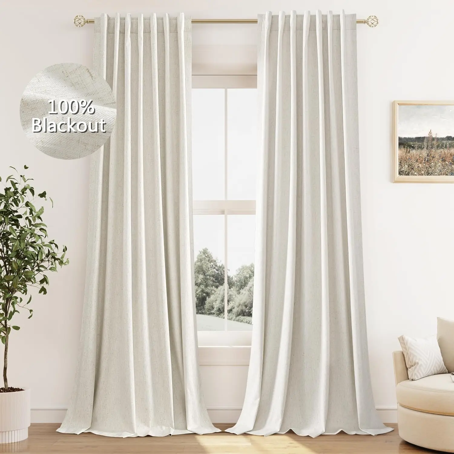 Blackout Curtains 84 Inch Length 2 Panels Set for Living Room Bedroom Back Tab Thermal 100% Black Out Drapes Room Darkening Window Ivory Natural Beige