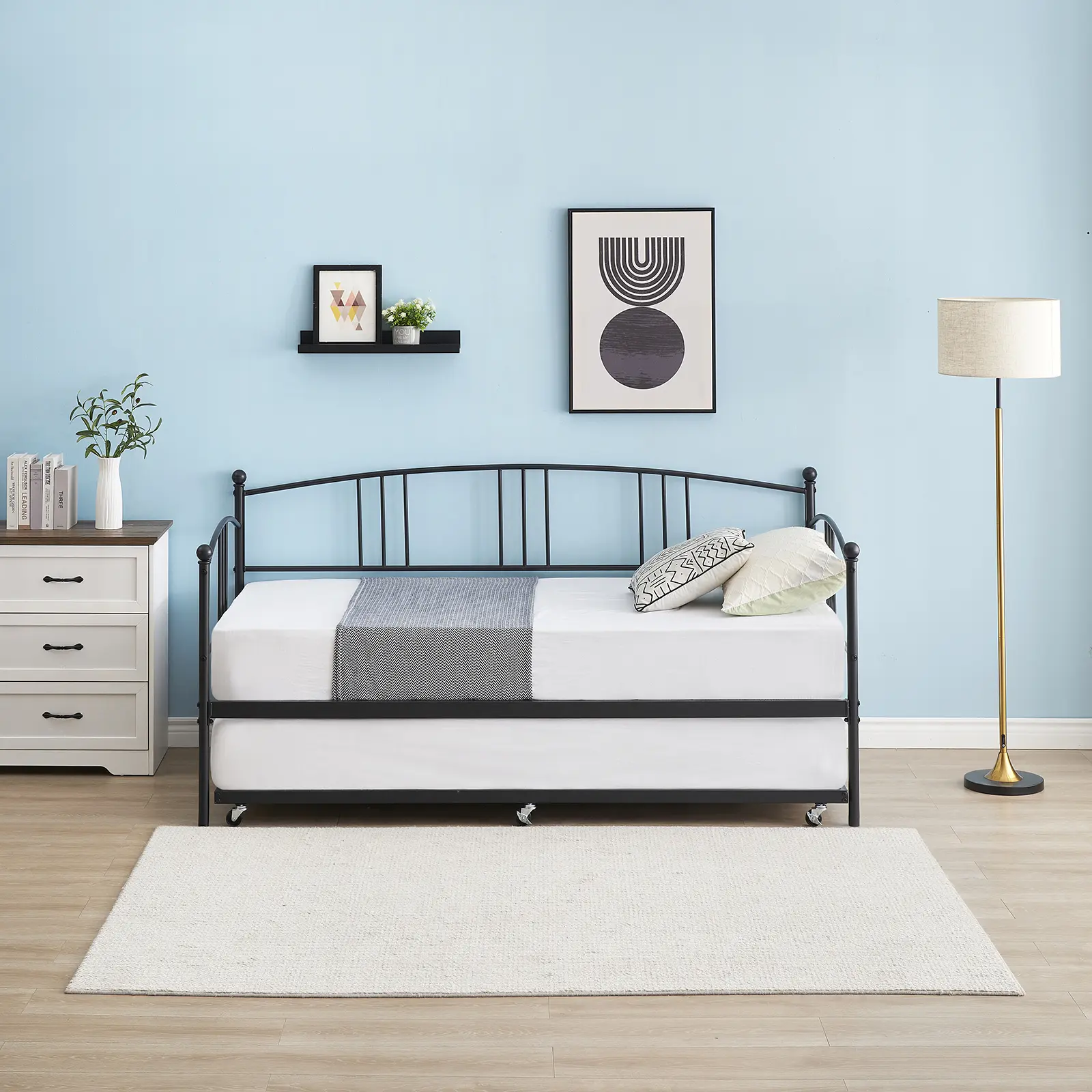 Modern Metal Daybed with Pull-Out Trundle – Steel Slat Support, No Box Spring Needed, Versatile Sofa Bed for Kids, Teens, Adults – Perfect for Bedroom, Living Room, Guest Room, or Apartment (Black/White)