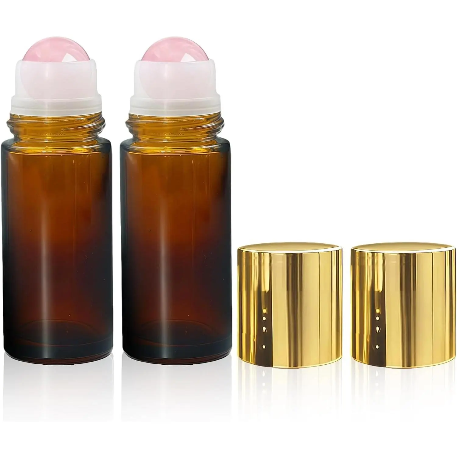 2 Pack 50ml Rose Quartz Roller Bottles for Castor Oil, Refillable Amber Glass Roll-On Bottles with Natural Crystal Roller Balls and Leak-Proof Gold Caps for Essential Oils & PerfumeGift