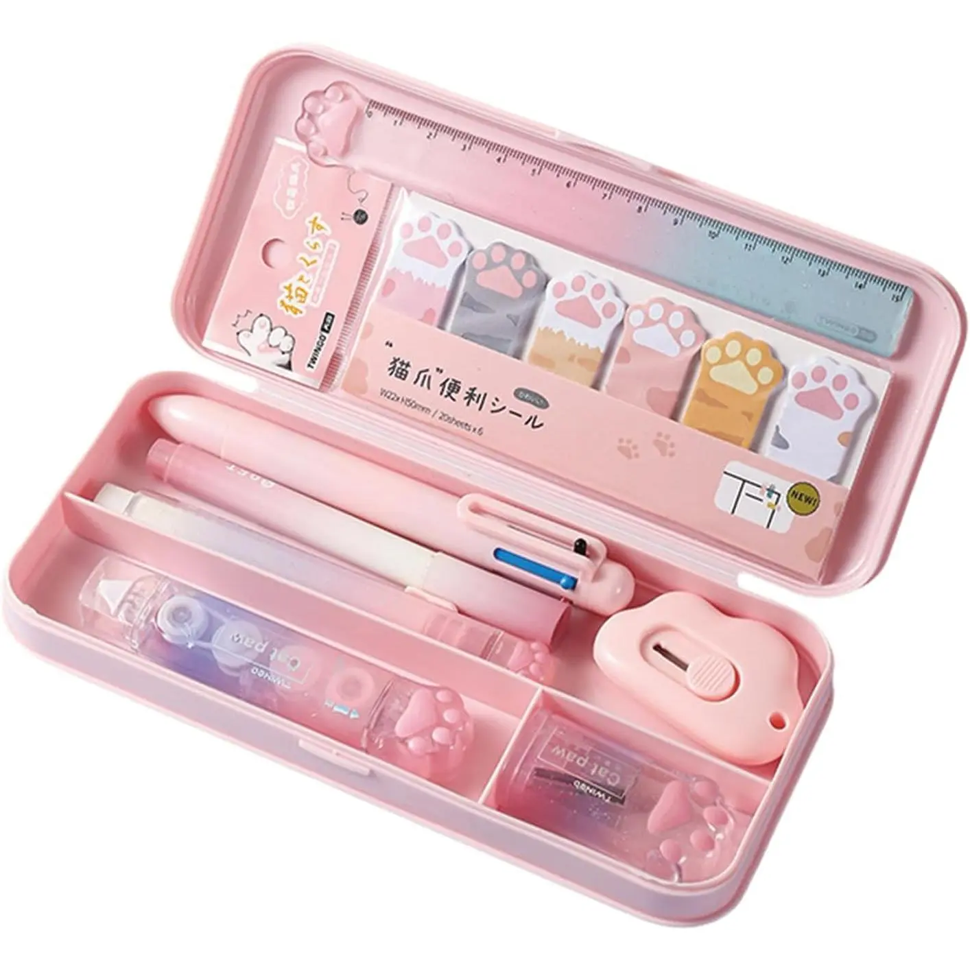 9 Pcs Cute Pink Stationery Set Cat Paw School Supplies Kawaii Office Supplies Including Pens Pencil Sharpener Highlighter Eraser Correction Tape Ruler Utility Knife (Cat Paw-Pink)