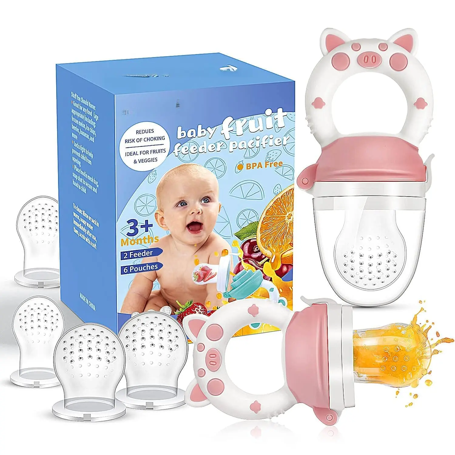 Baby Fruit Food Feeder Pacifier - Fresh Teething Pacifiers, Infant Fruit Teething Teether Toy  3-24 Months, 6 Pcs Silicone Pouches  Toddlers & Kids & Babies, Piggy Handle 2-Pack (Pink) New model