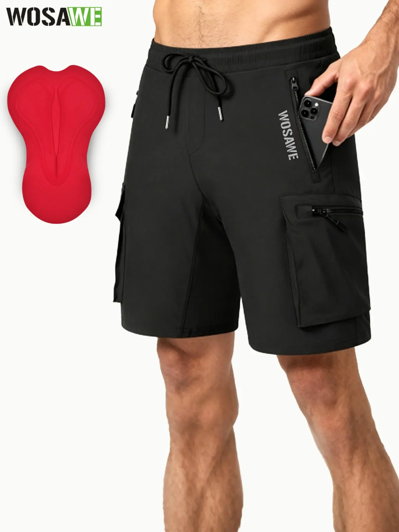 WOSAWE 2-in-1 Workwear Cycling Shorts - Breathable Mesh Padded Cushion with Adjustable Waist & Multi-Pockets for MTB & Daily Wear