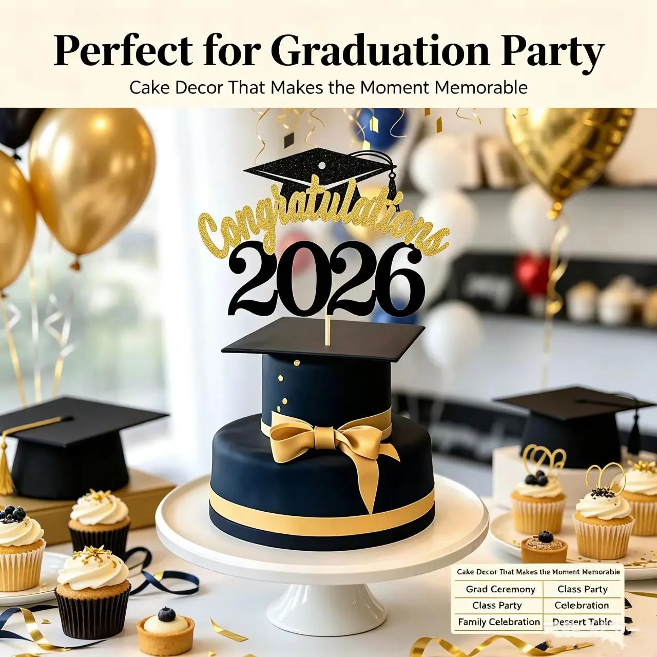 2026 Graduation Hat and Diploma Cake Topper Set, Gold Options, Perfect for Graduation Party Cake Decoration