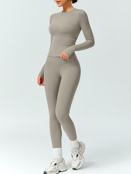 Women's Solid Color Long Sleeve Tee & High Waist Leggings Tracksuit Set, Athletic Activewear Tracksuits, Sporty Comfy Breathable Outfits for Gym Workout Running, Ladies Fall & Winter Sportswear