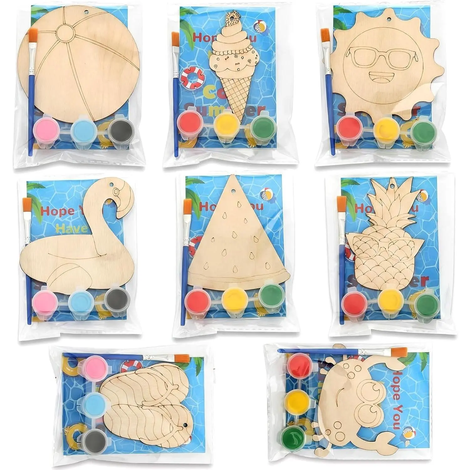 24 Pcs Hawaiian Summer Beach Wooden Paint Craft Kits for Kids with Paints Brushes Organza Bags, Party Favors Goodie Fillers for Preschool Birthday Gifts
