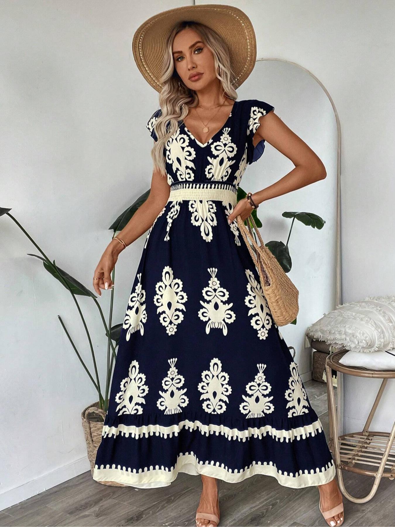 Women's V Neck Ruffle Hem A-Line Dress, Elegant All over Print, Elastic Waist, Moderate Woven Fabric, Casual Vacation Wear