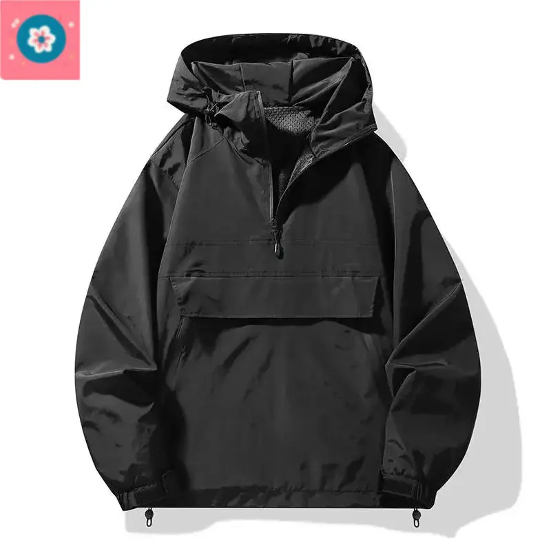 (New) Men's Softshell Half-Zip Pullover Jacket - Waterproof Hood, Windproof Outdoor Workwear Jacket