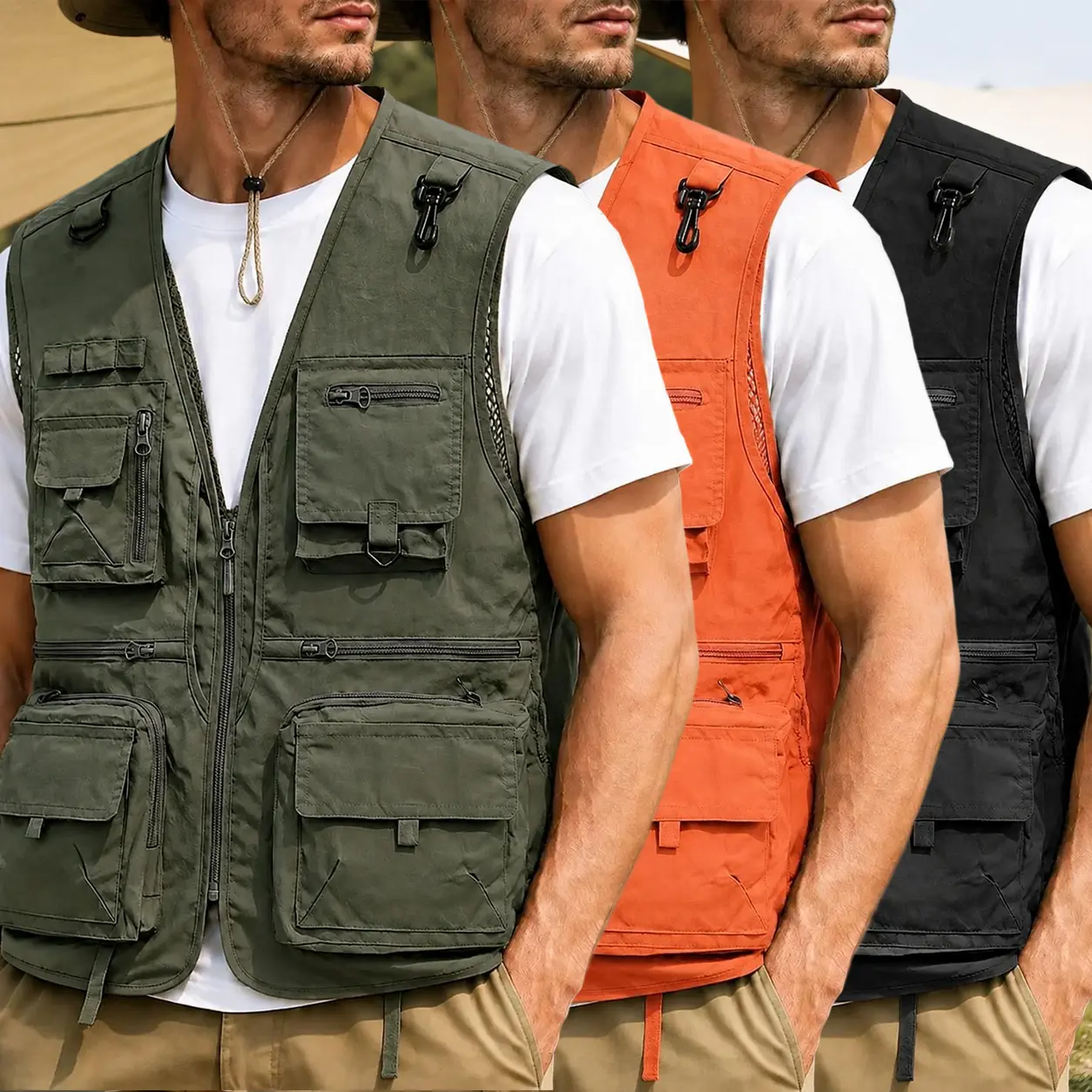 Men's Journalist Photography Vest Multi Pockets Mesh Sleeveless Zip Up Utility Cargo Vest Outdoor Hiking Camping Fishing Travel Breathable Lightweight Gilet