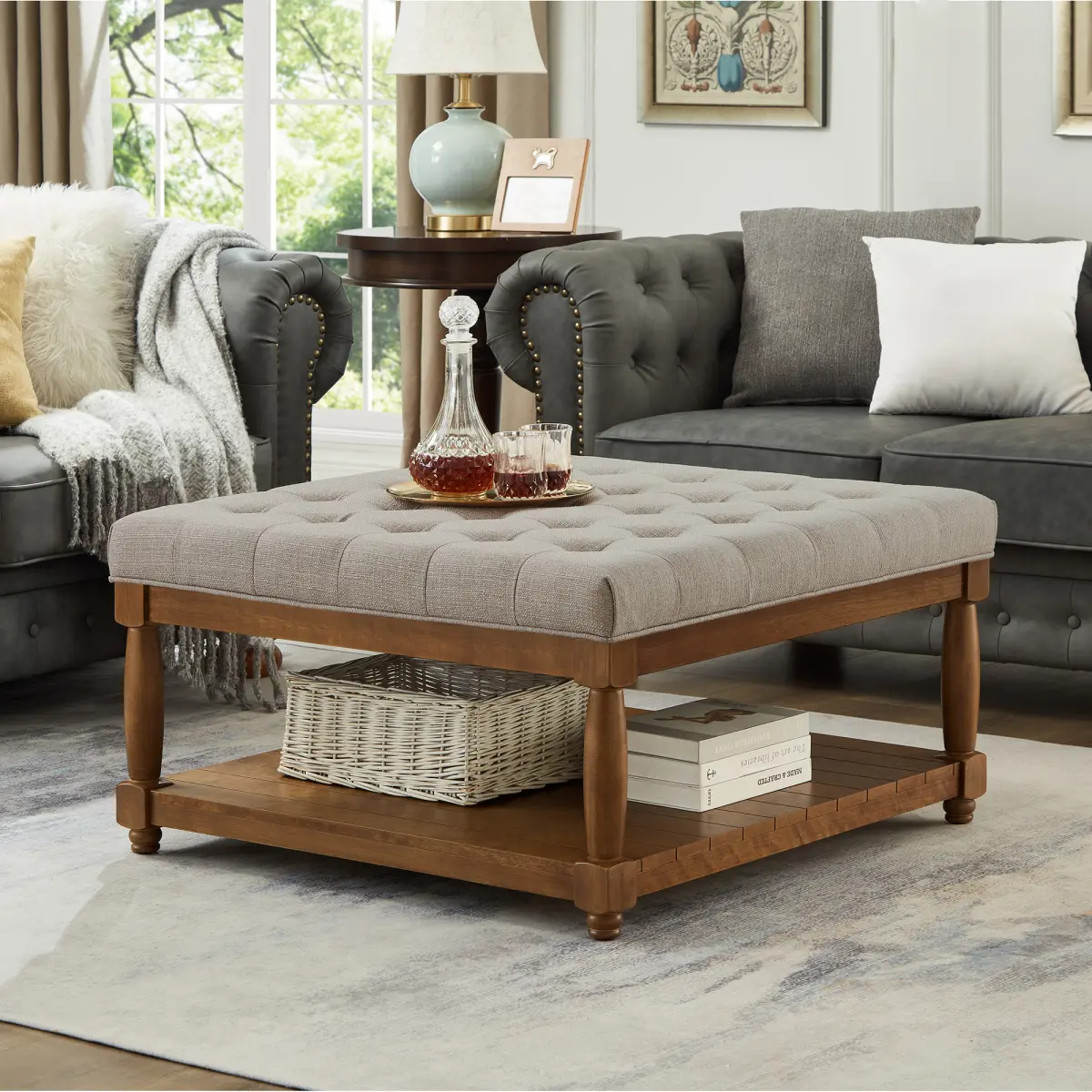 Upholstered Square Coffee Table with Wooden Shelf, Tufted Button Large Square Ottoman with Spindle Wooden Legs, Linen Large Footrest Ottoman Pouf for Living Room, Linen