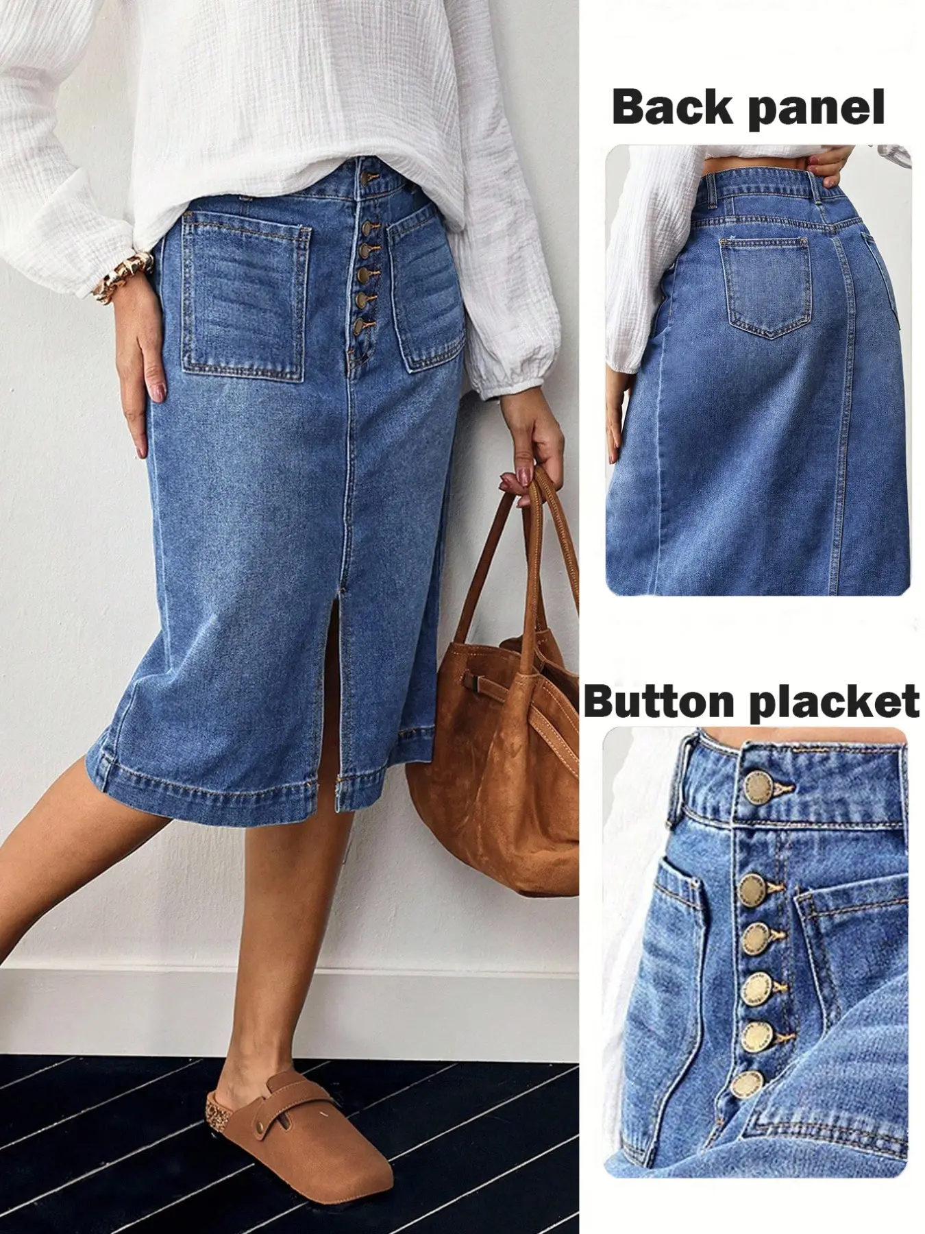 Casual Fashion Daily Women's Non-Elastic Button Front Denim Skirt, Comfortable and Stylish Half Skirt for Everyday Wear, Pockets