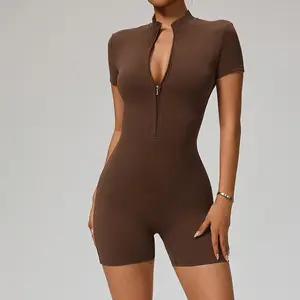 Women’s Half Zip Mock Neck Athletic Romper, Quick Dry Short Sleeve Form-Fitting One Piece Workout Jumpsuit, Stretchy Supportive Active Bodysuit for Yoga Gym Running Pickleball Daily Casual
