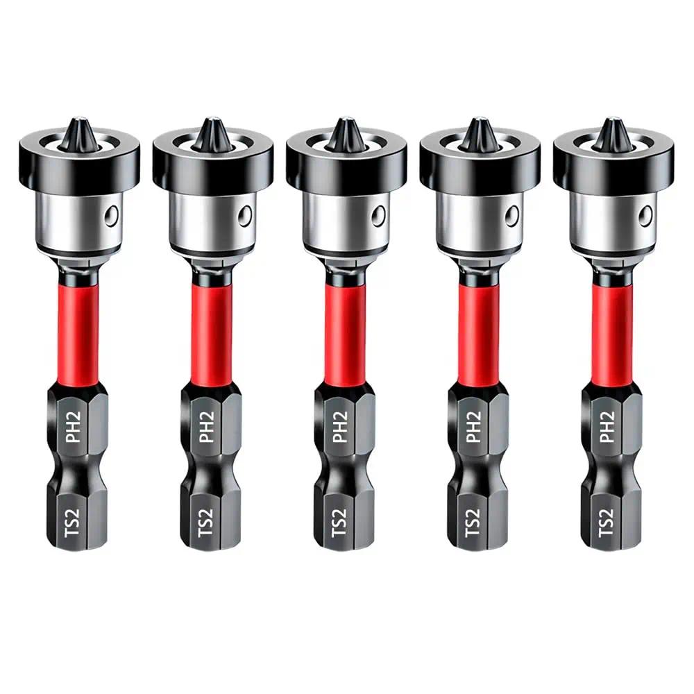 5pcs Drywall Bit Attachment with Depth Stop, PH2 Magnetic Drywall Screwdriver Bits for Countersinking Drywall Screws in Plasterboard, 1/4 Inch Hex Shank Plasterboard Bit, Screwdriver Bits Set
