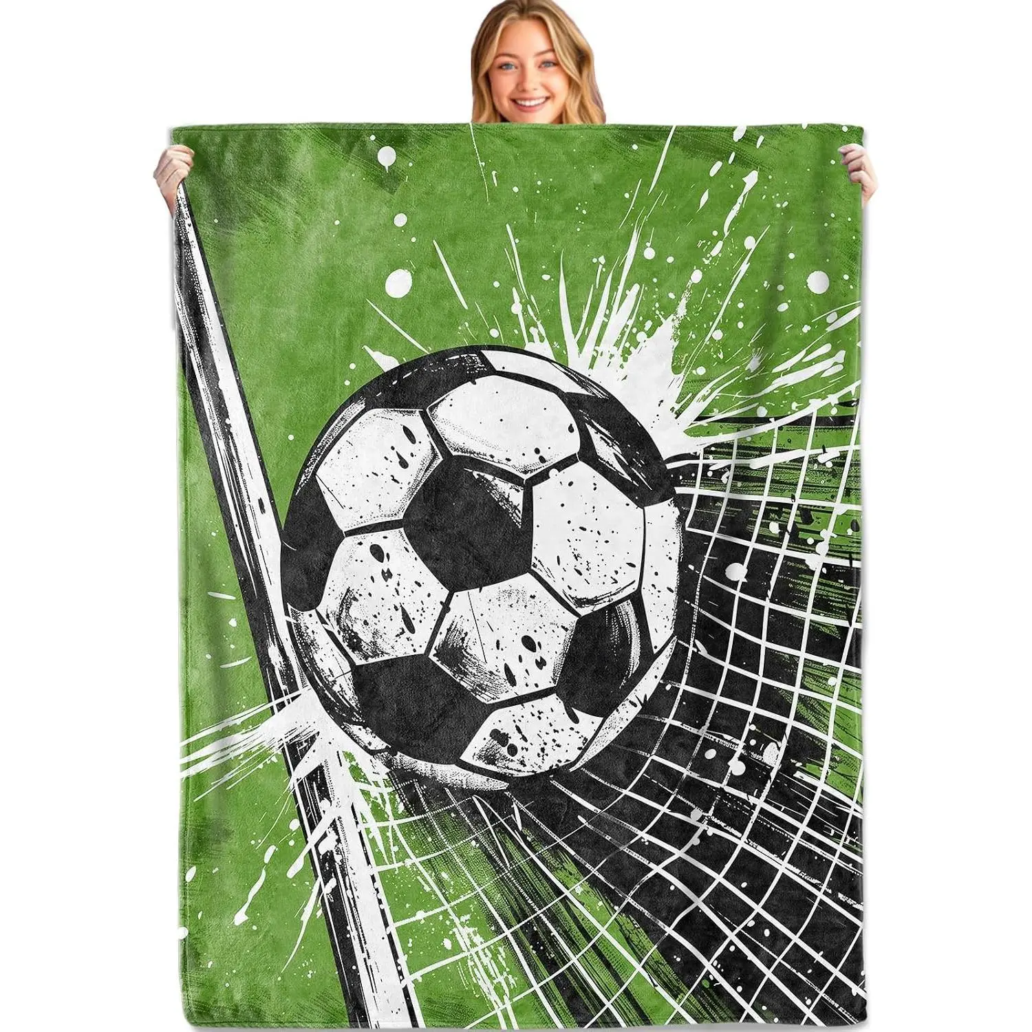 Sport Dynamic Green Splash & Goal Splash Design Flannel Throw Blanket, 50x60in Soft Lightweight, Wrinkle-Resistant, Anti-Pilling, Machine Washable, Quick Drying, for Home, Friends, Living Room Decor Gifts