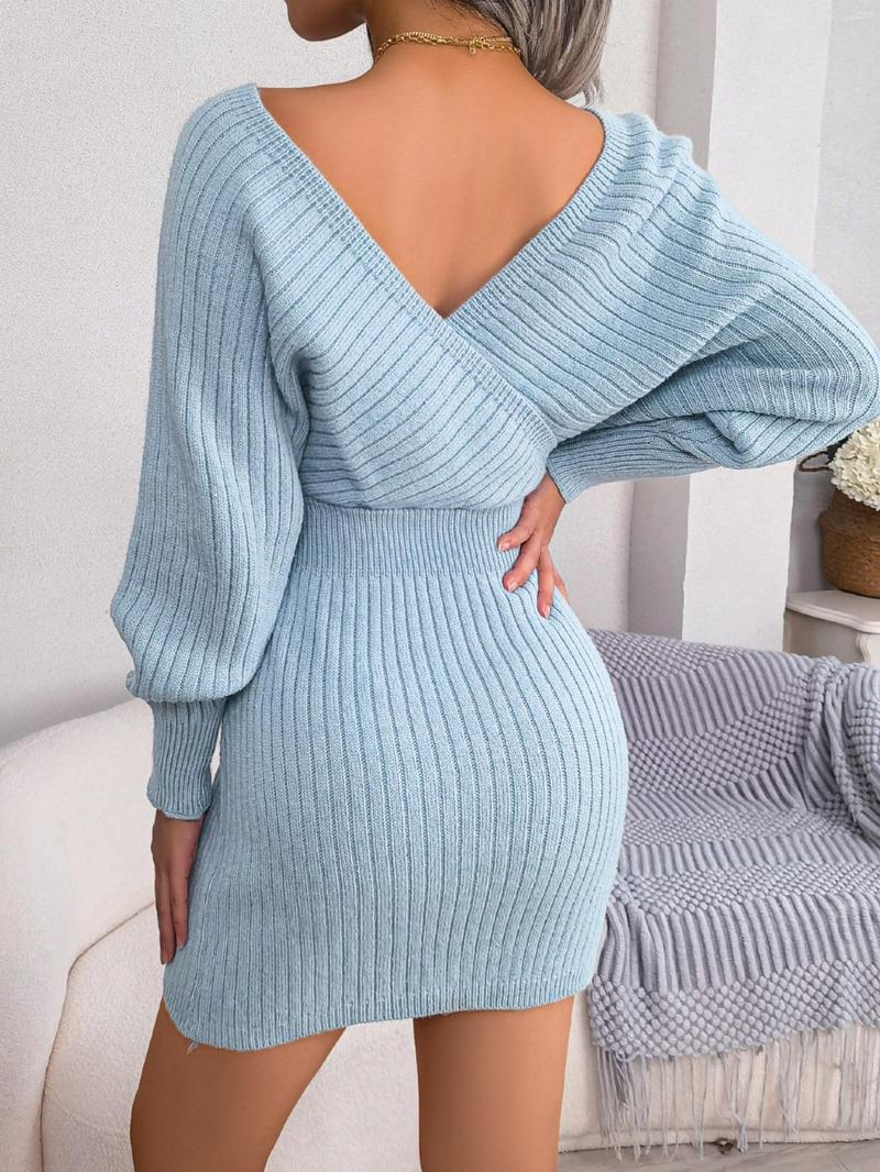 Women's Plain Wrapped V Neck Leg-of-mutton Sleeve Sweater Dress, Slim-fit Long Sleeve Bodycon Jumper Dress, Womenswear