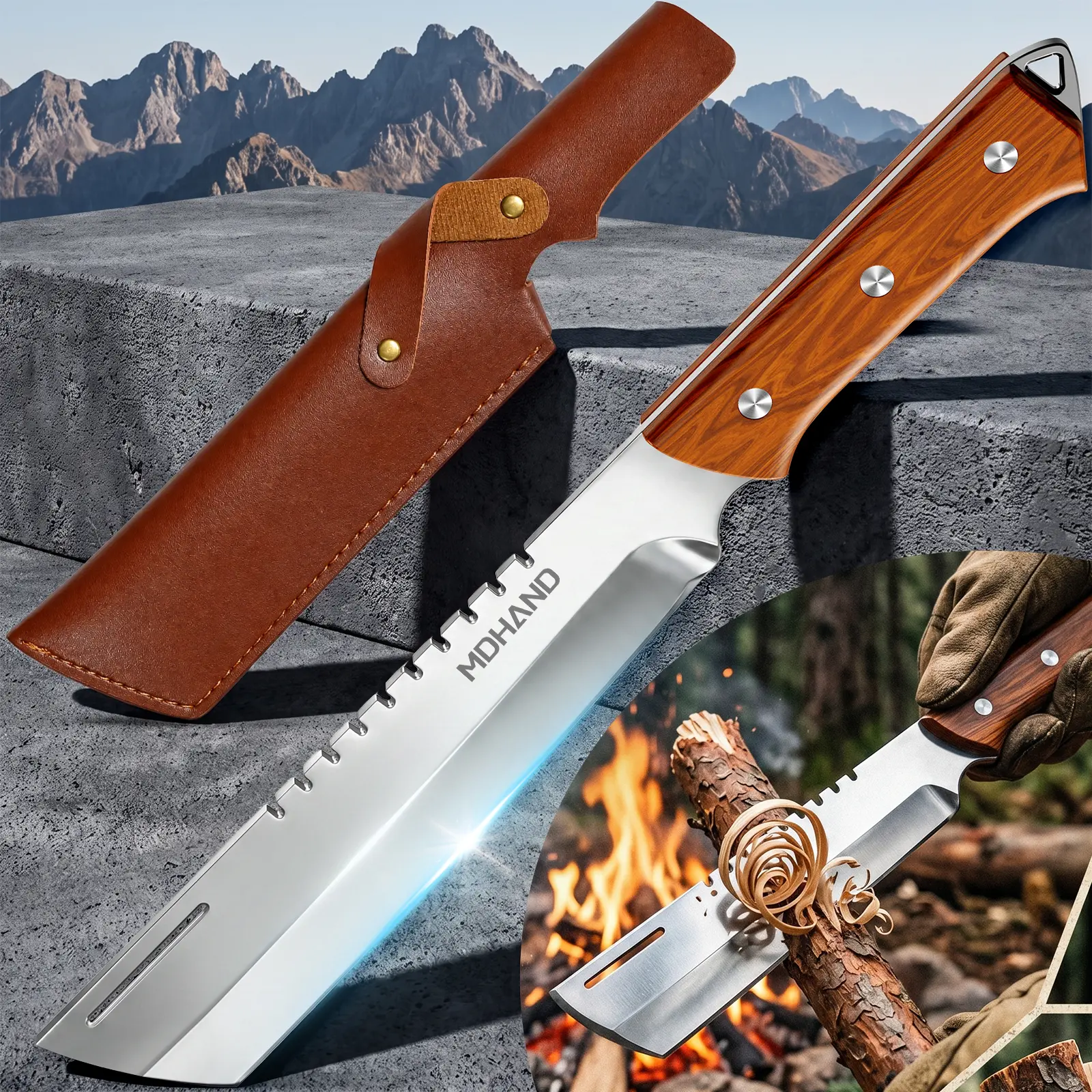 Heavy Duty Machete with Sheath, Full Tang Camping Machete with Wood Handle for Cutting Trees, Bushcraft, Hunting & Yard Work