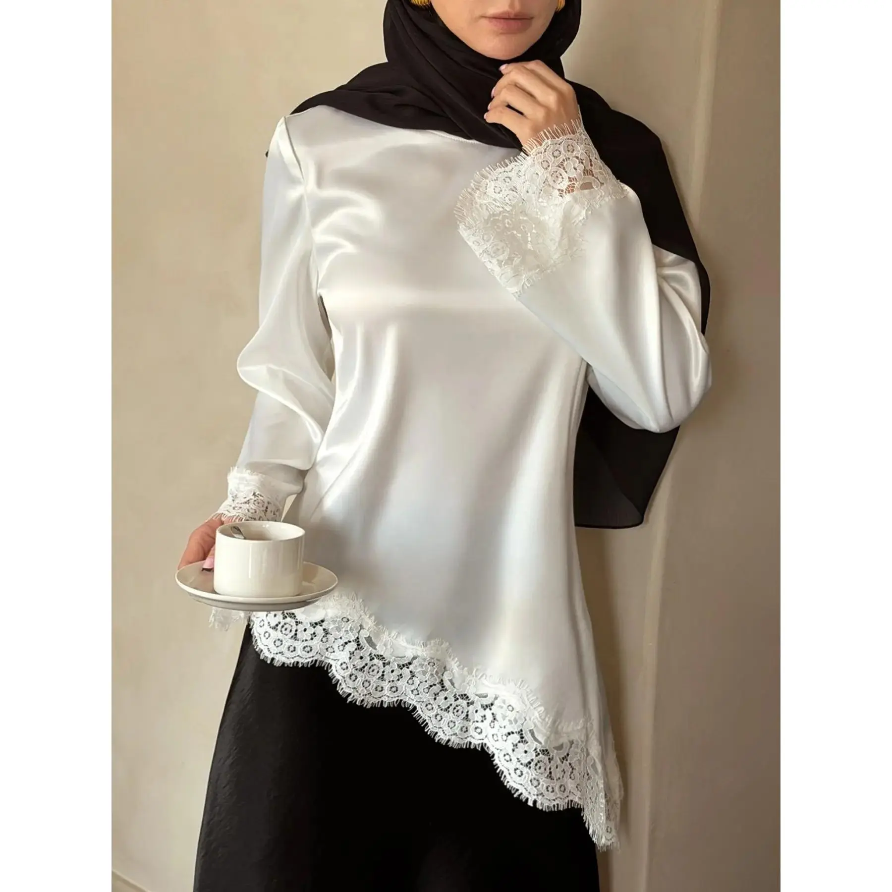 White Satin Lace Trim Long Sleeve Blouse Elegant Modest Muslim Top Asymmetric Hem Loose Fit Hijab Friendly Shirt Ramadan Eid Dubai Style Party Evening Wedding Guest Vacation Chic Soft Silky Dressy Tunic Women Top