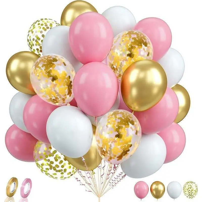 60 Pcs 12 Inch Party Balloons,Pink and Metallic Gold Sequins Glitter White Latex Balloons with Ribbon,Festival Party Balloons,Birthday Party,Wedding Balloon Arch Decorations