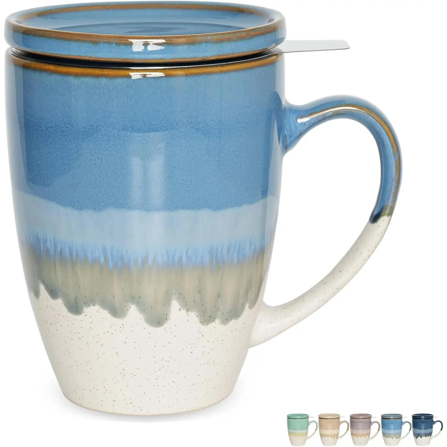 Ceramic Tea Mug with Infuser and Lid, 13.5 Oz, Reactive Glaze Steeping Tea Cup with Strainer, 5 Colors Optional, Dishwasher & Microwave Safe (Light Blue)