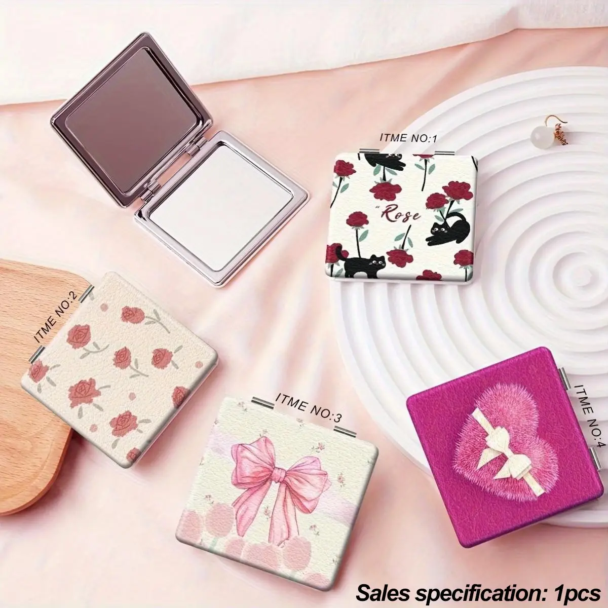 Vintage Rose Black Cat Bow Print Compact Mirror, Double Sided Foldable Pocket Makeup Mirror, Fluffy Heart Portable Travel Cosmetic Mirror, Gift for Girls Women, Portable Mirrors