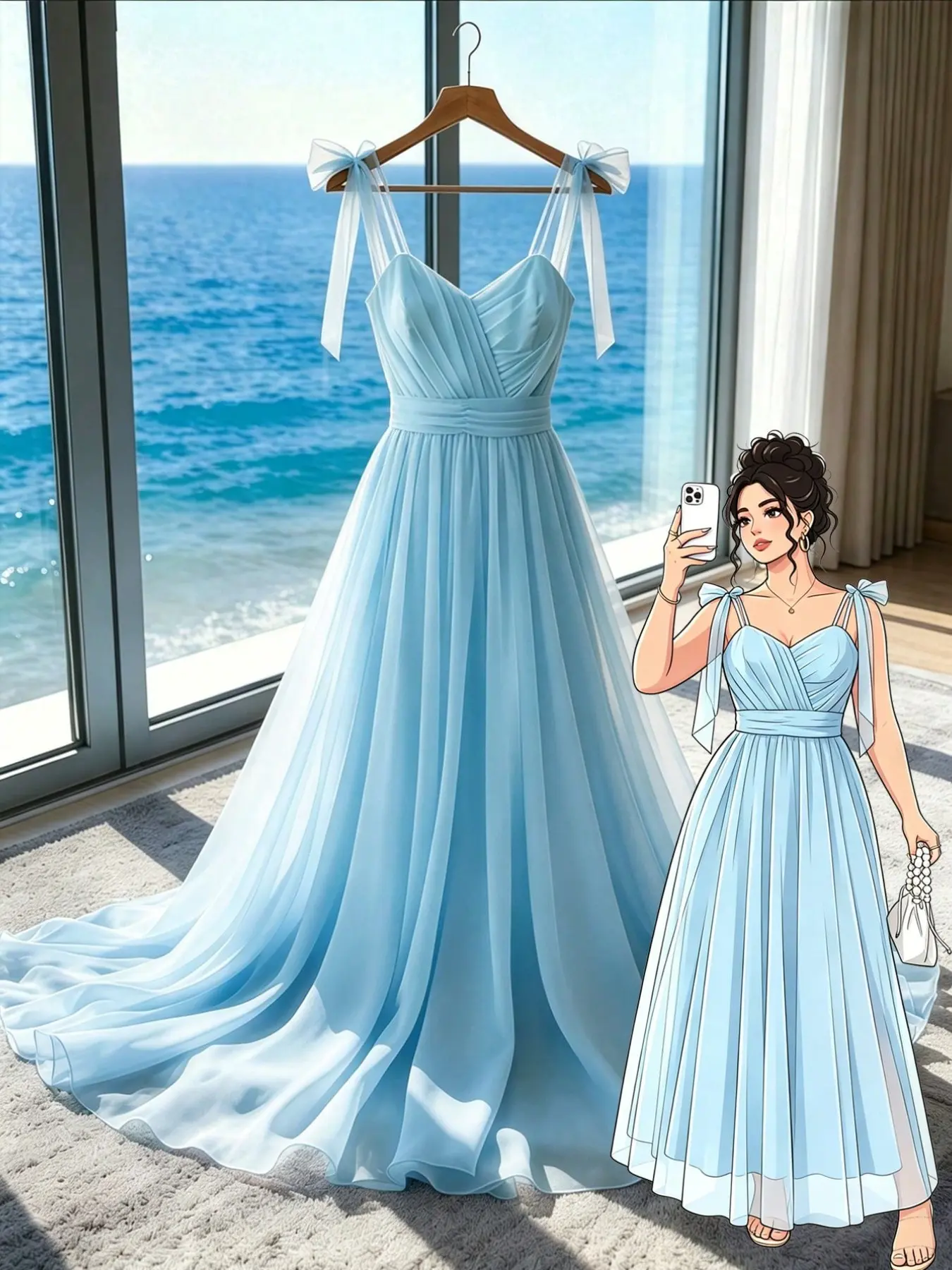 Large Size Women's Light Blue Bow Halter Lightweight Chiffon Midi Dress, Elegant Slim-Fit V-Neck, Perfect for Bridesmaid, Evening Party, Beach Photoshoot, Elegance