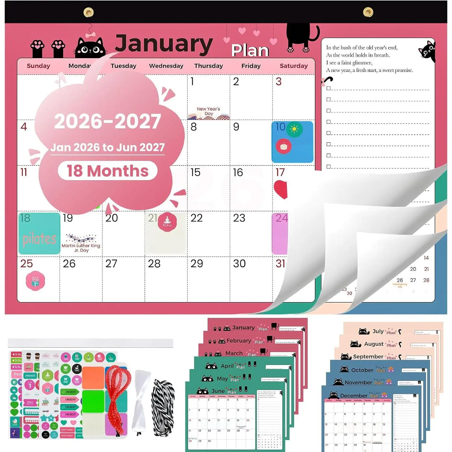 Desk Calendar 2026-2027 (Jan 2026 - Jun 2027), 17" x 12" Desktop or Wall Calendar, 18 Months Large Wall Calendar with Stickers &  , for Students, Teachers, Office &  Planning