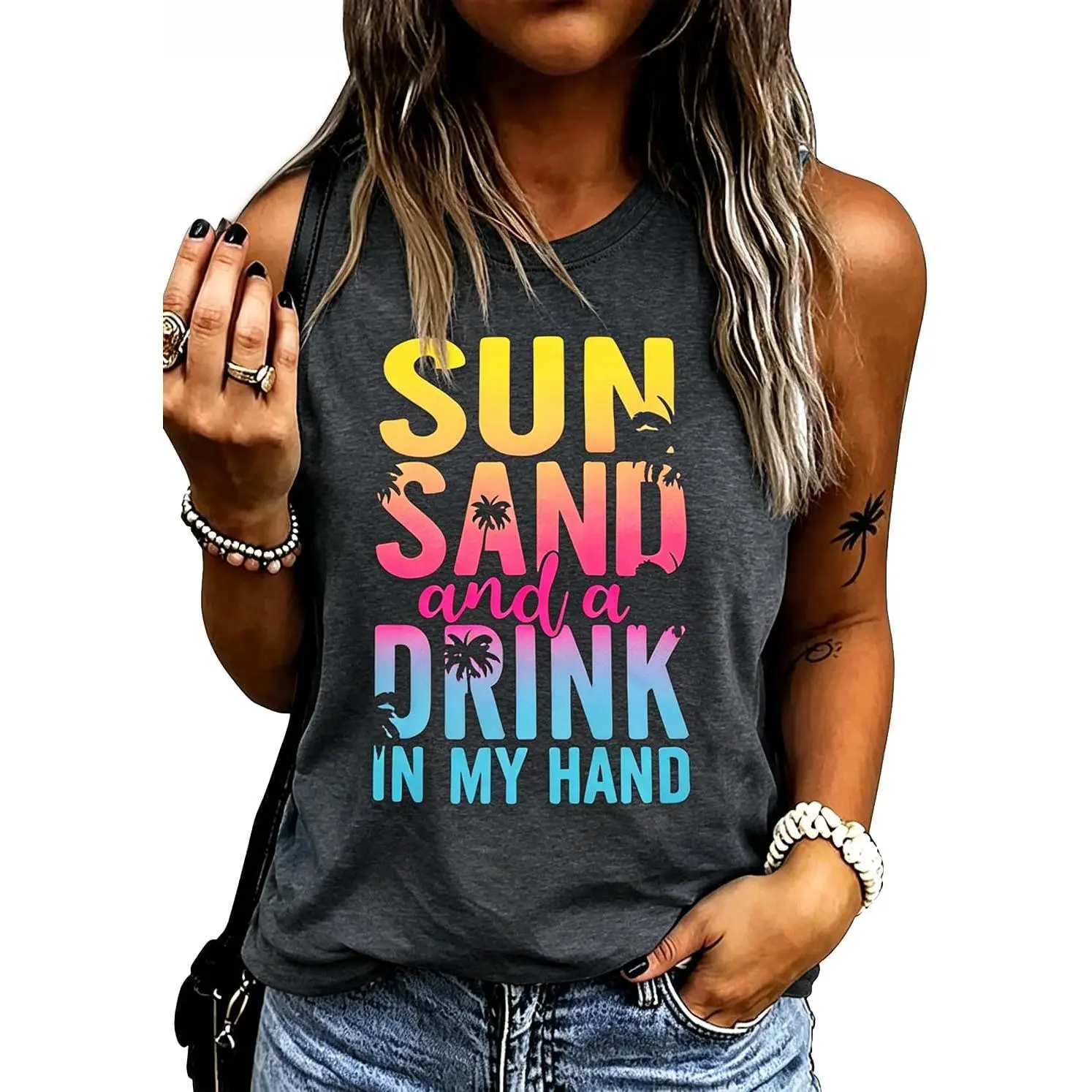 Women's Casual Fashion Basic Beach Tank Top - Fits Day Wear, Sleeveless Vest with "Ocean Air and Salty Hair" Funny Print for Cruise Family Vacation, Printed