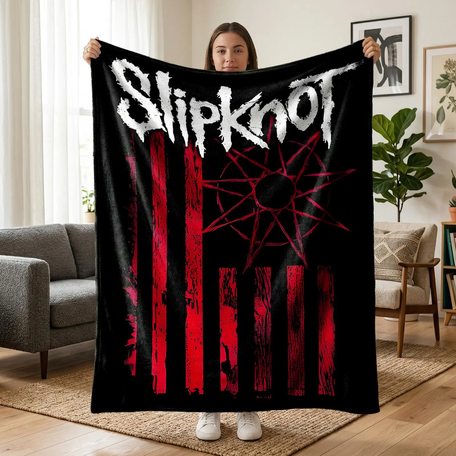 1pc Slipknot Band Red Black Stripe Totem Fleece Blanket, Black Background Vintage Distressed Metal Band Logo Spike Star All Over Print. Soft Warm Multi-use Throw for Sofa, Bed, Office, Camping, Home Decor Blankets, Ideal Christmas & Birthday Gift.