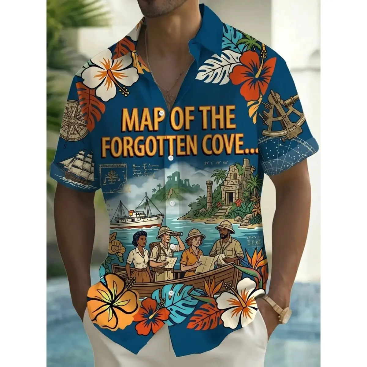 Men's Polyester Collared Short-Sleeve Button-Down Hawaiian Shirt - Floral Tropical Print, Breathable Sweat-Wicking Menswear Tops for Beach Vacation, Holiday Limited-Time Offer, Shortsleeve