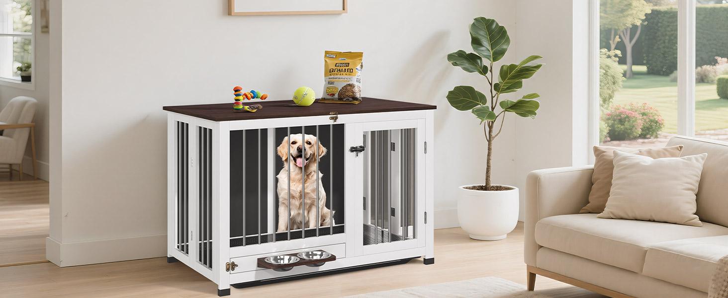 31.5" Wooden Dog Crate Furniture - Foldable Indoor Kennel with 360 °   Rotating Feeder |   Multi-Functional End Table for Small & Medium Dogs |   Portable Pet Cage with Removable Tray & Easy Assembly
