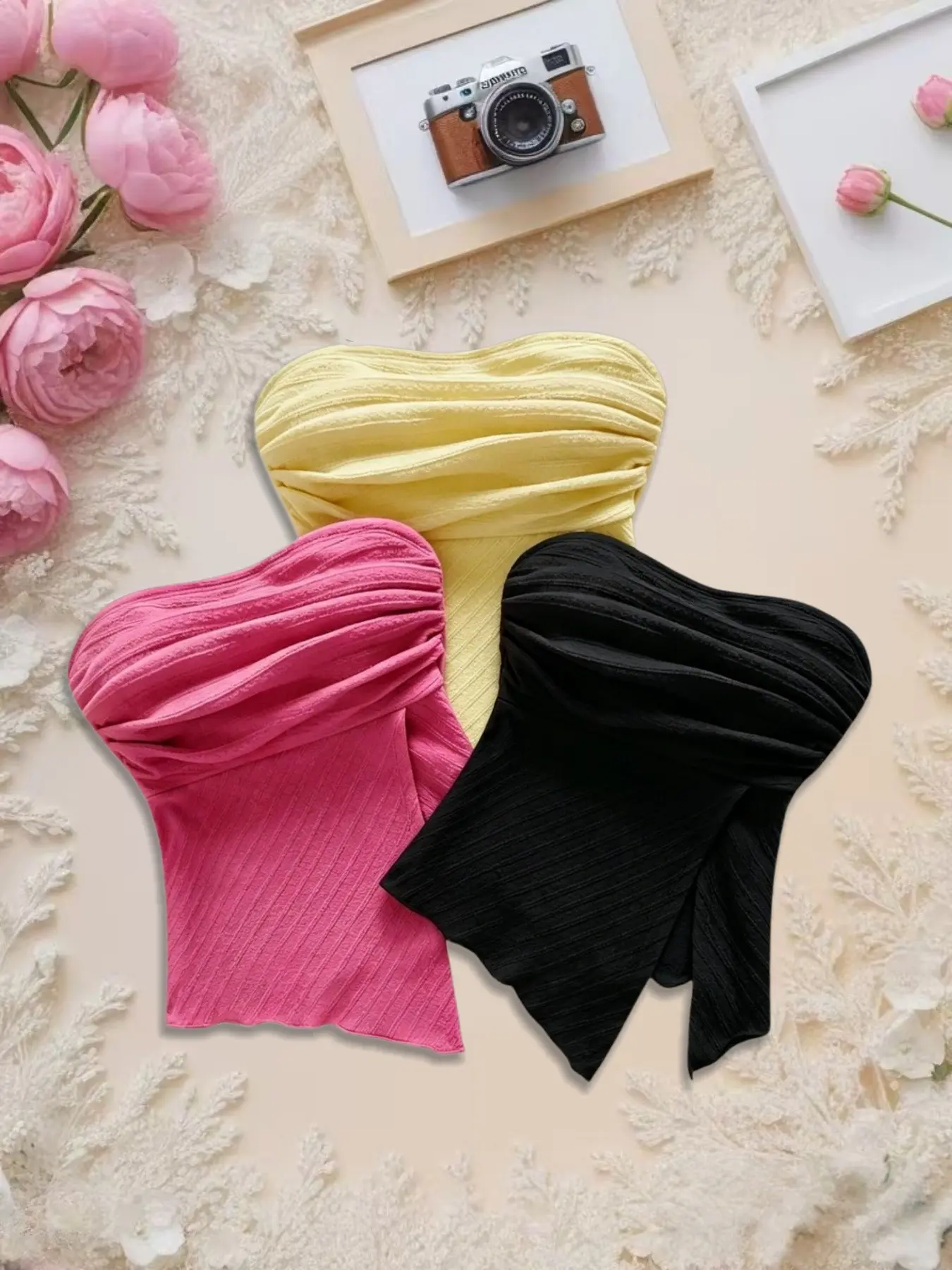 Three-Piece Set Ruched Crop Top, Asymmetrical Sleeveless Design Ribbon Texture Strapless Sexy Tank Top, Trendy Fashion Women's Clothing