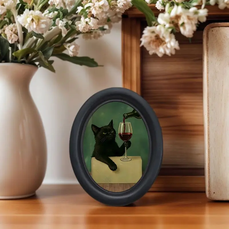 Whimsical Framed Cat Wall Decor with Wine, Unique Mini Wooden Hanging Art, Decorative Artwork, Perfect Gift for Cat Lovers & Kitchen Decor, Home Decor Products, Decoration Items