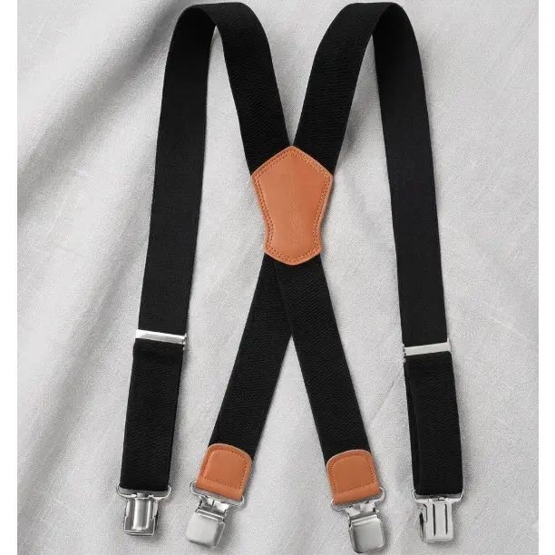 Heavy Duty Men's Suspenders - 1.48" Wide Adjustable X-Back Polyester Elastic Braces with 4 Steel Clips & Leather Patch for Work Pants & Jeans