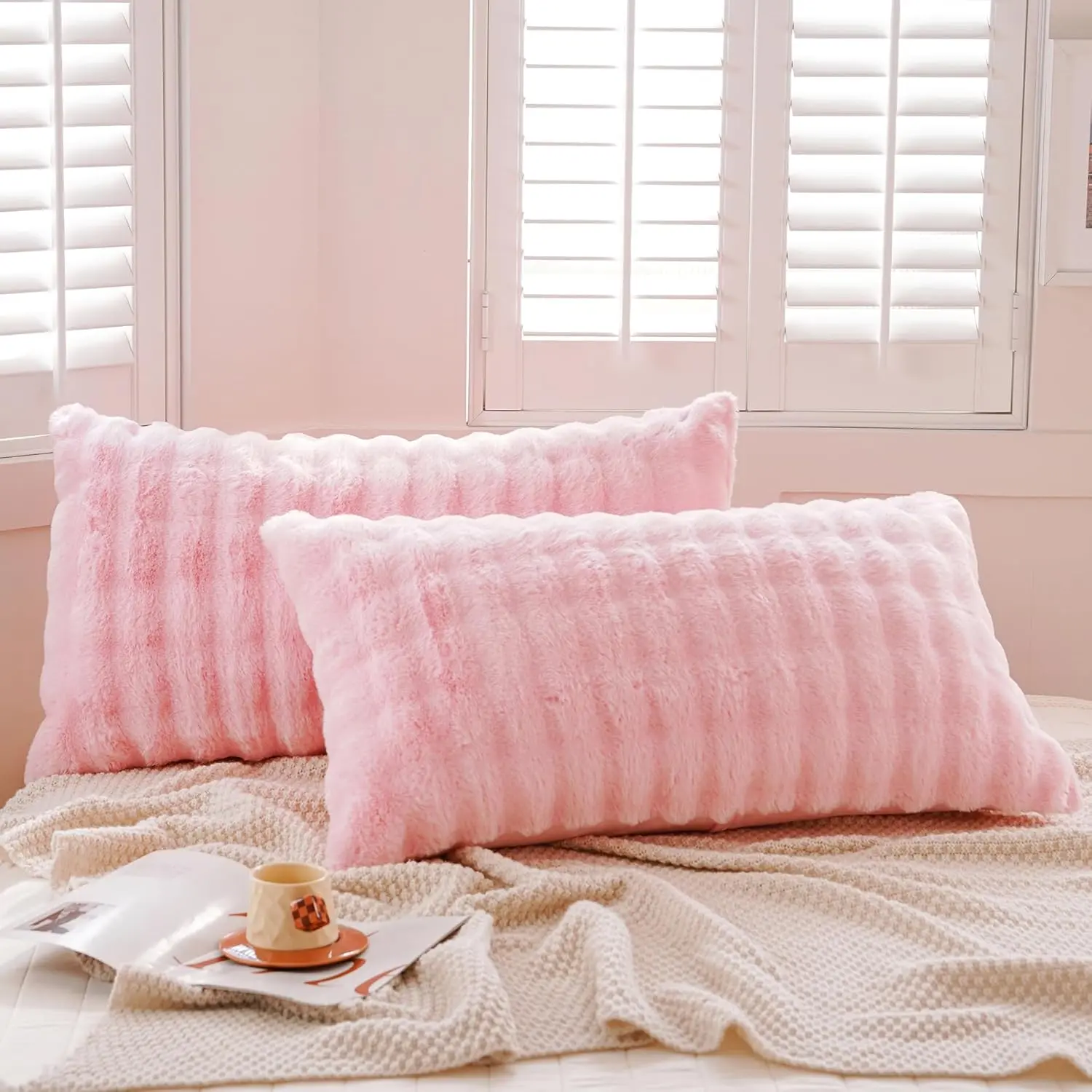 2-Piece Synthetic Faux Pillowcases Set - Luxury Bubble Waffle Carved Plush Pillow Shams, Wrinkle Resistant, Durable, Zipper Closure, Cold Wash, 20"x36", 20" X 36"