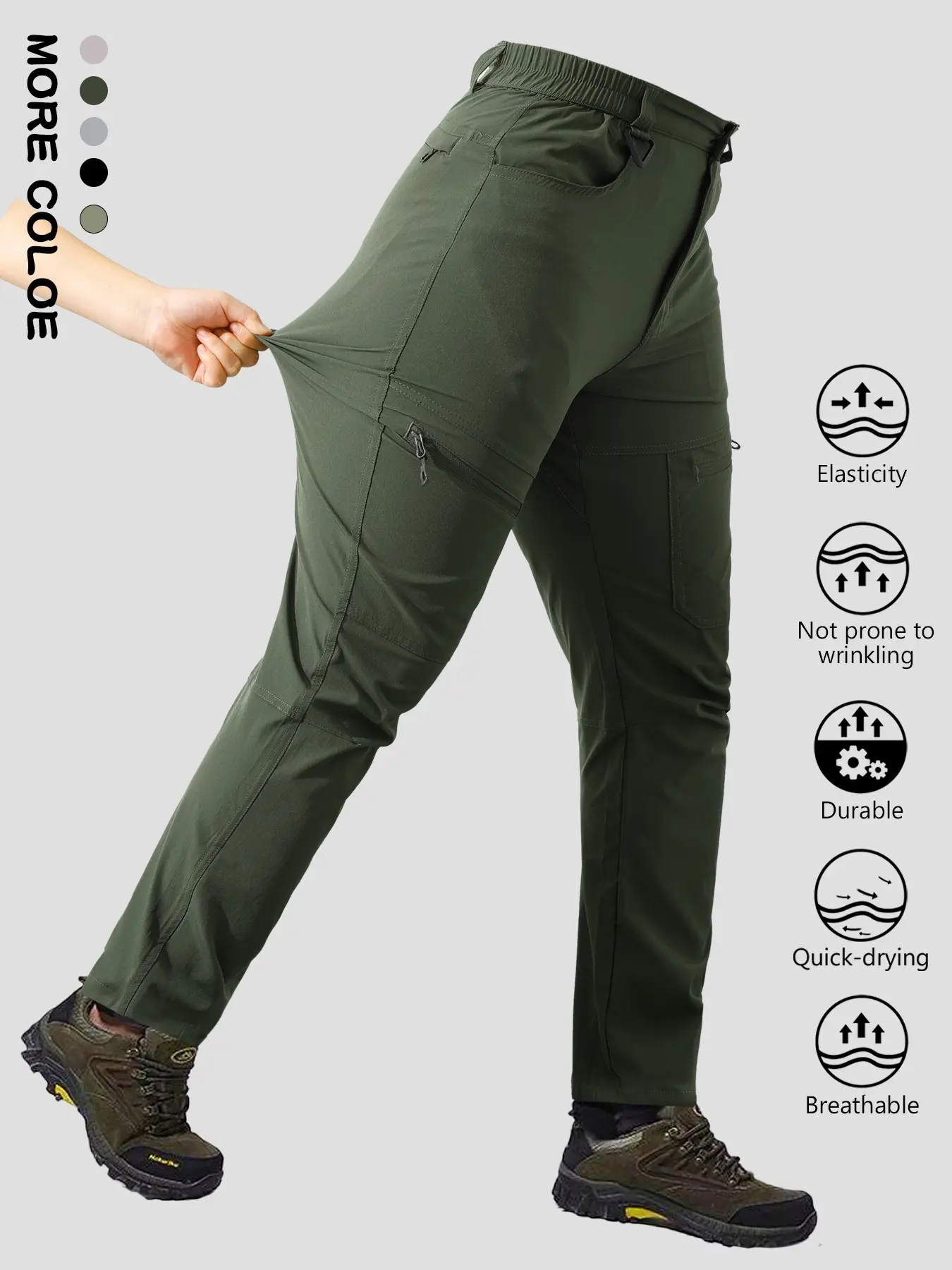 New Arrival Men Outdoor Multi Zip Pocket Quick Dry Stretch Hiking Cargo Pants, Breathable Stretchy Cargo, 5 Functional Fabric Wrinkle Resistant Durable D-ring Hook Half Elastic Waist Straight Leg Tactical Trekking Trousers Camping Cycling Daily Outerwear